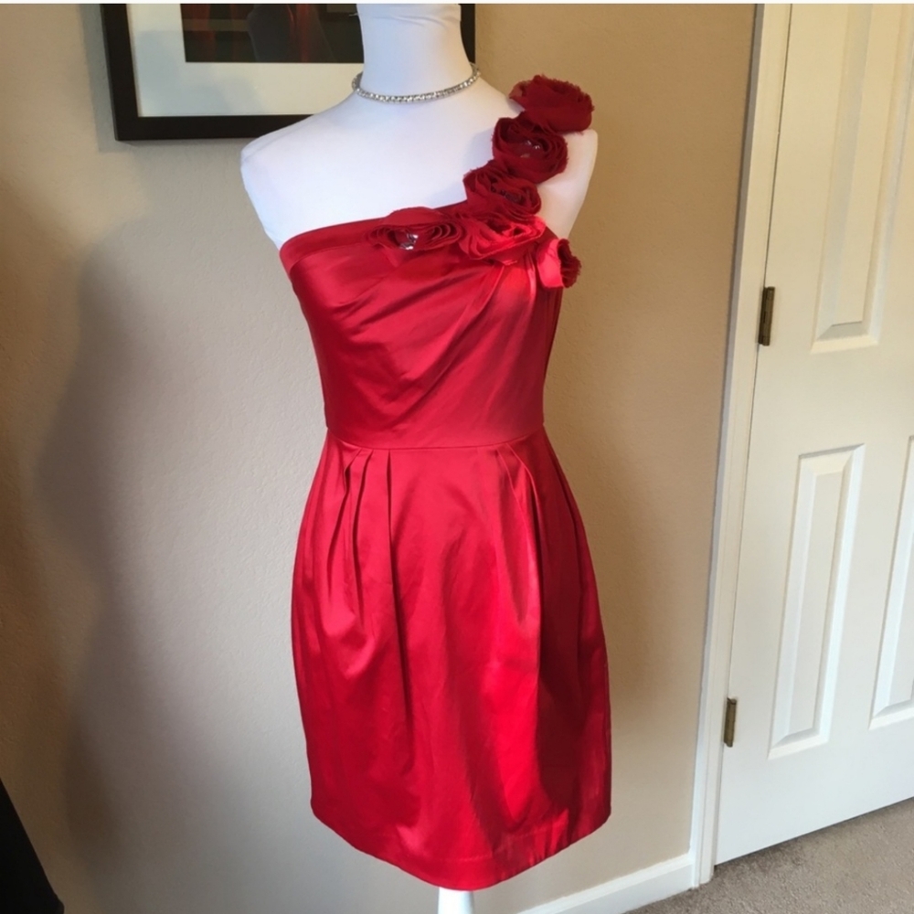 Bisou Bisou One-Shoulder Dress Red Rosette Jewel Accents‎ sz 10